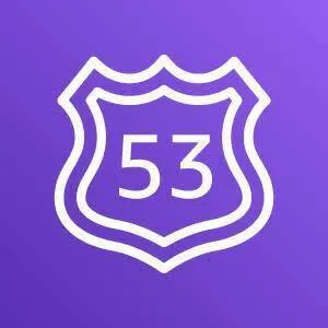 Amazon Route 53 icon depicting a US traffic route shield with the number 53 against a purple background