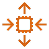 Amazon EC2 Auto Scaling icon depicting a computer chip with horizontal arrows pointing towards it and vertical arrows pointing away from it representing the ability to scale in or out