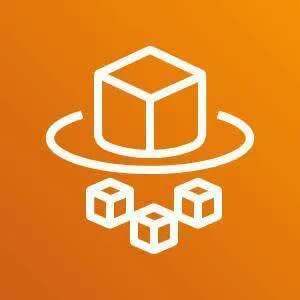 Fargate icon depicting a cube sitting on a circular pad with three smaller cubes below against an orange background