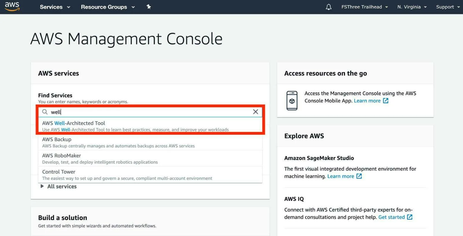 AWS Management Console with well entered in Find Services and AWS-Well Architected Tool highlighted with a red box