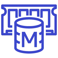 Amazon ElastiCache for Memcached icon depicting a blue database with the letter M in front of a stick of RAM