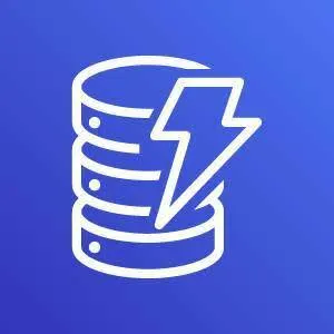 Amazon DynamoDB icon depicting a database with a lightning bolt against a blue background