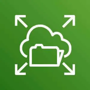 Amazon Elastic File System icon depicting a folder in the cloud with arrows pointing outward against a green background