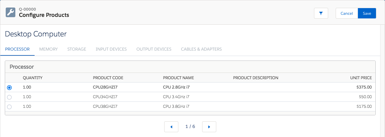 Configure Products page