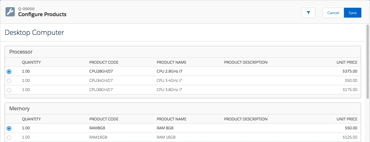 Configure Products page