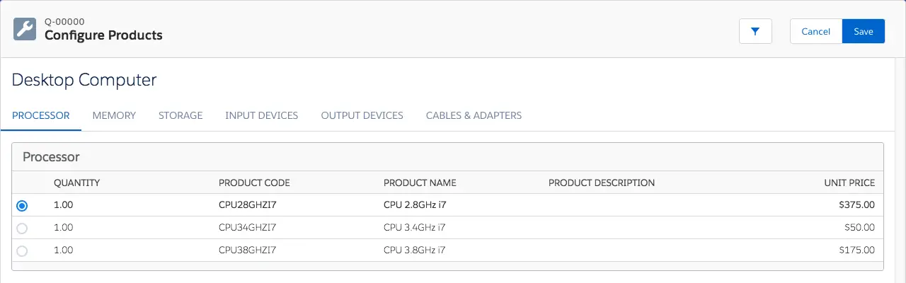 Configure Products page