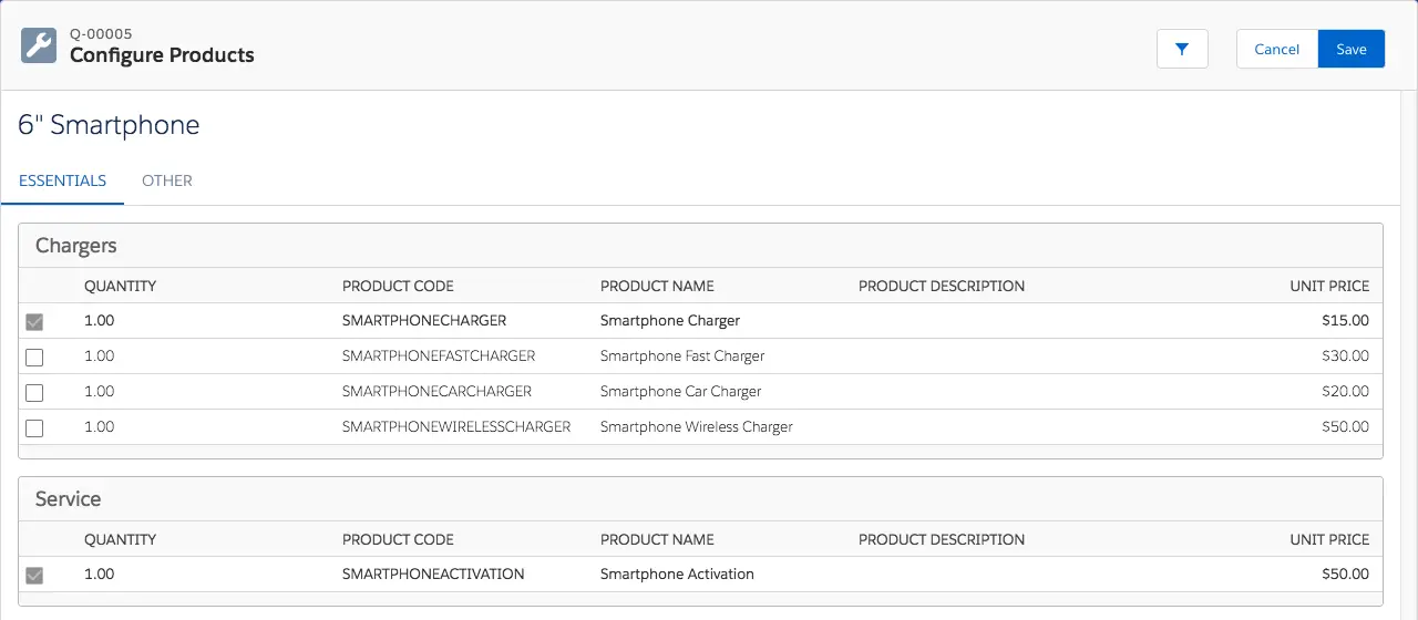 Configure Products page