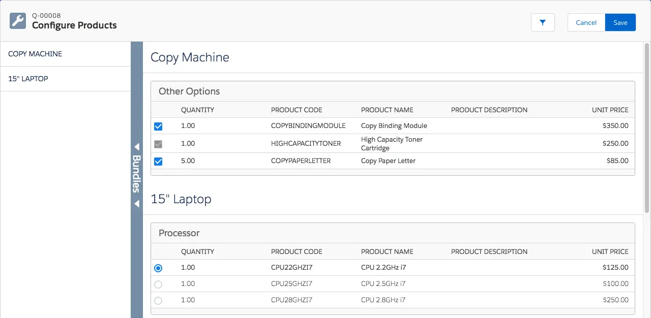 Configure Products page