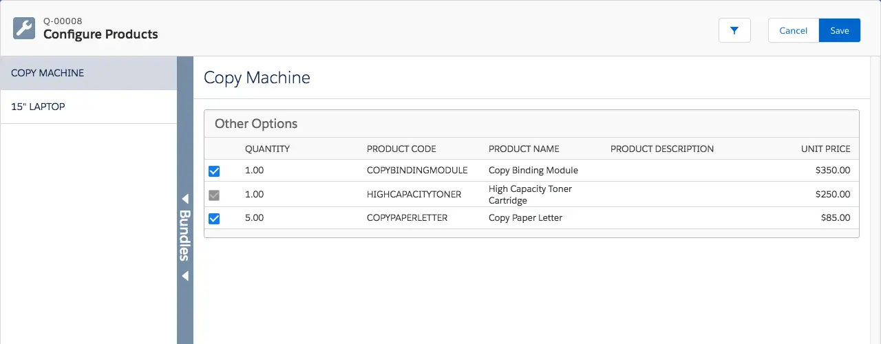 Configure Products page