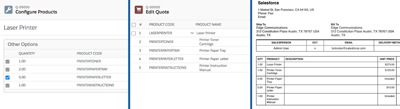 Configure Products Page, Quote Line Editor page, and generated document