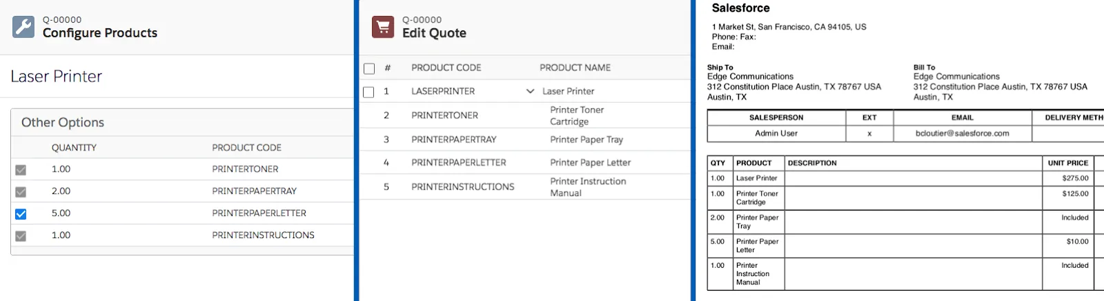 [Configure Products (商品の設定)] ページ、見積品目エディターページ、生成されたドキュメント