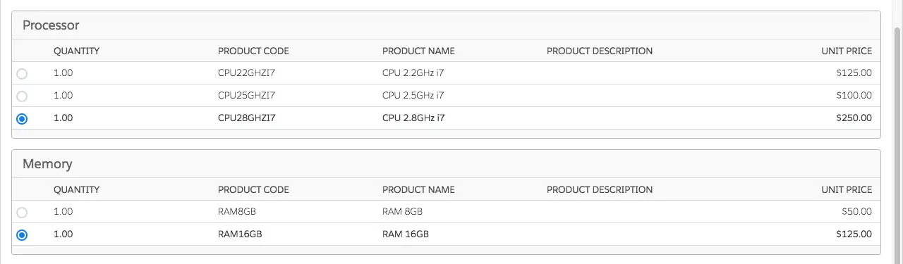 Configure Products page