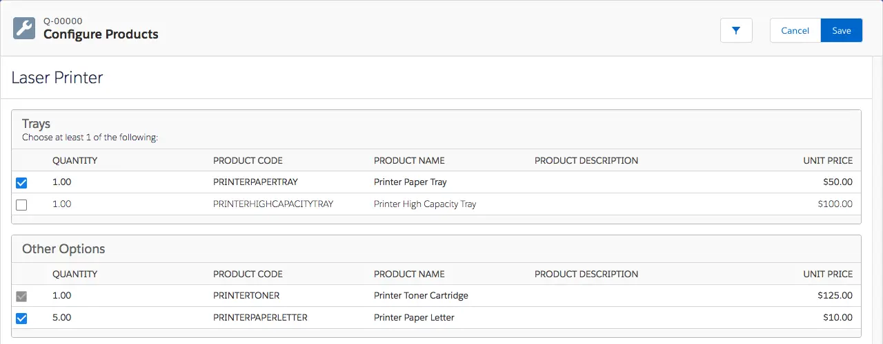 Configure Products page