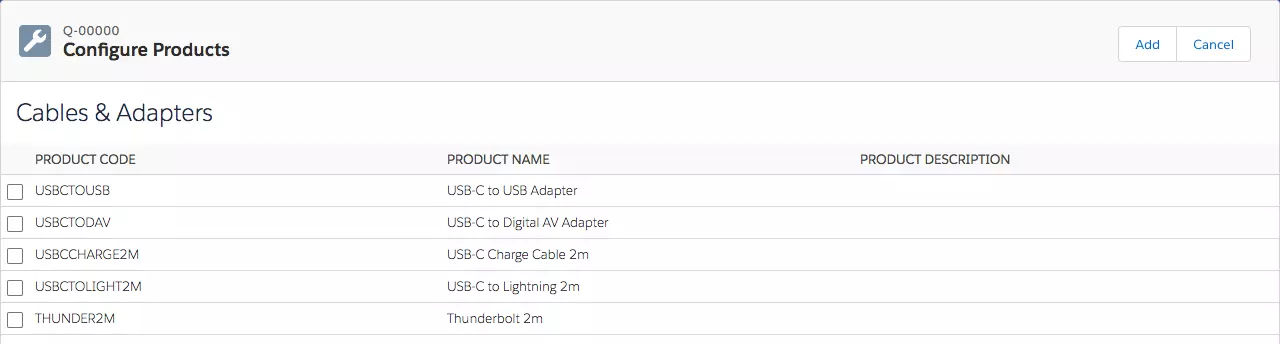 Options listed for Cables & Adapters feature