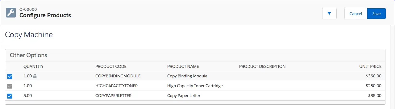 Configure Products page