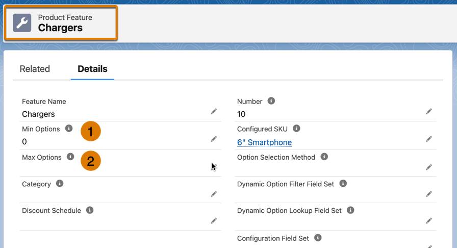 Product Feature setting for Chargers highlighting 1. Min Options and 2. Max Options field.
