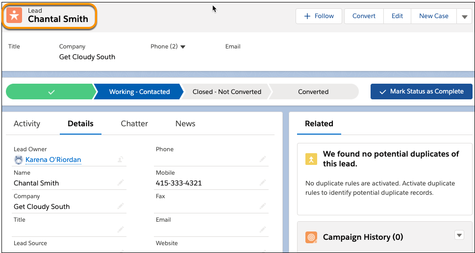 Record detail page of lead object with a contact or account name Chantal Smith.