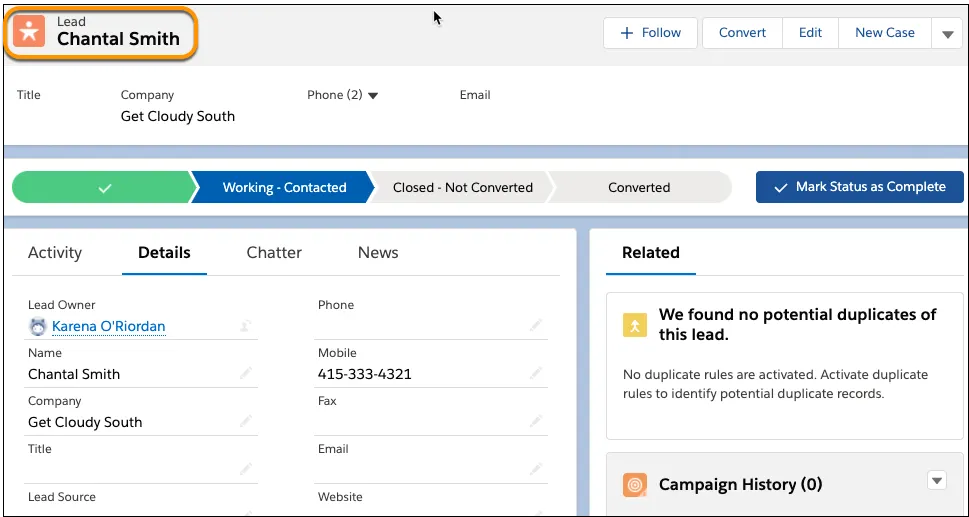 Record detail page of lead object with a contact or account name Chantal Smith.