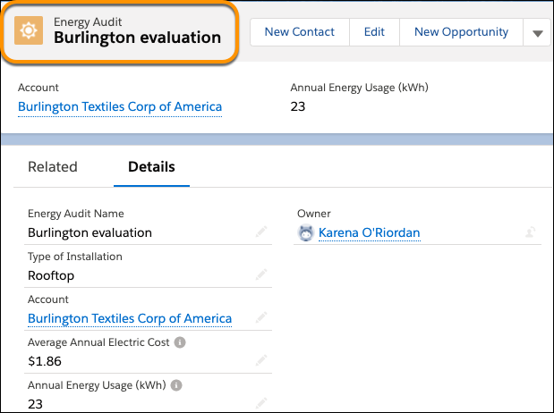 Detalles de la cuenta para un ejemplo de objeto personalizado llamado Auditoría de energía, con una evaluación del nombre de negocio Burlington.