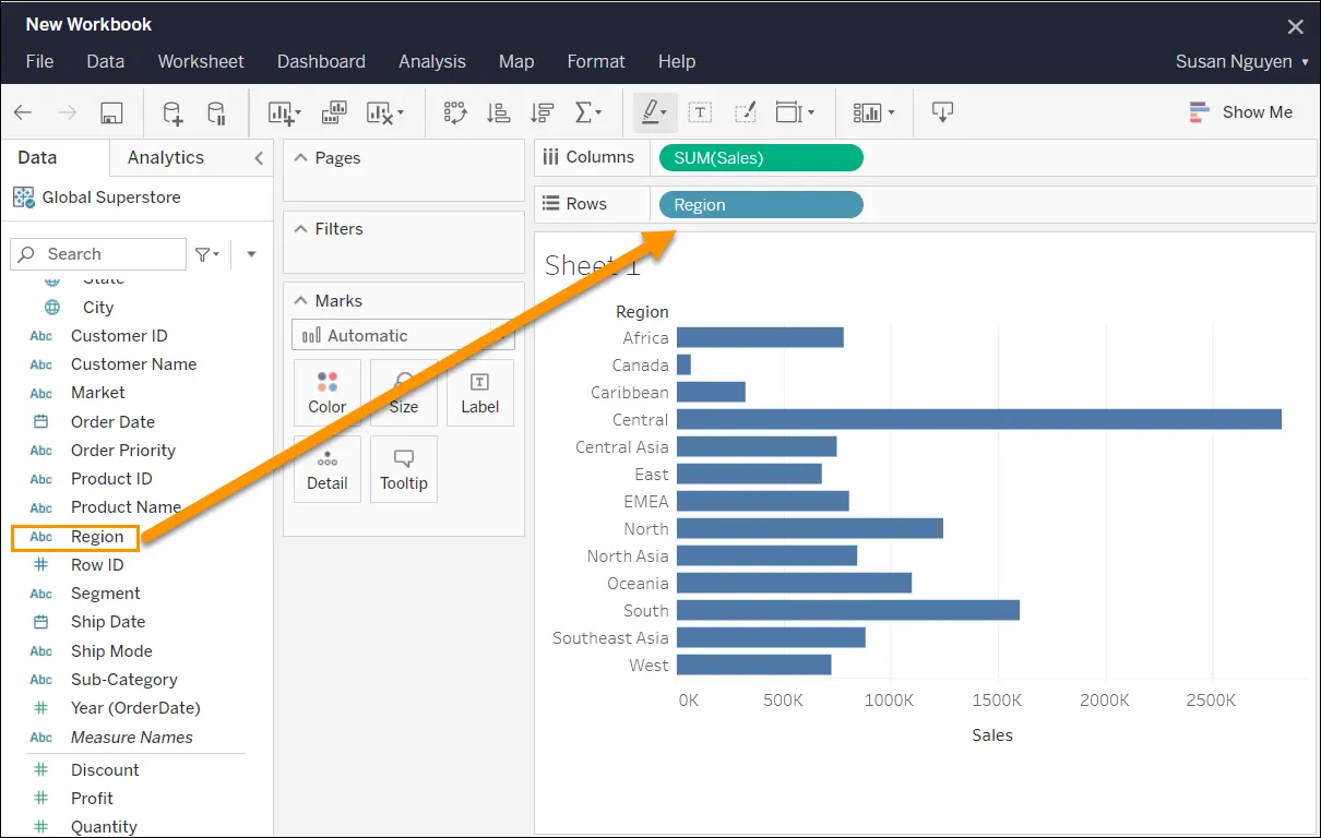 Build a view by dragging fields to the view or double-clicking the field