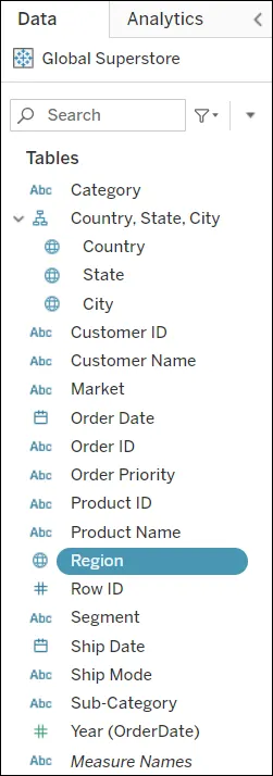 Data pane in Tableau Online