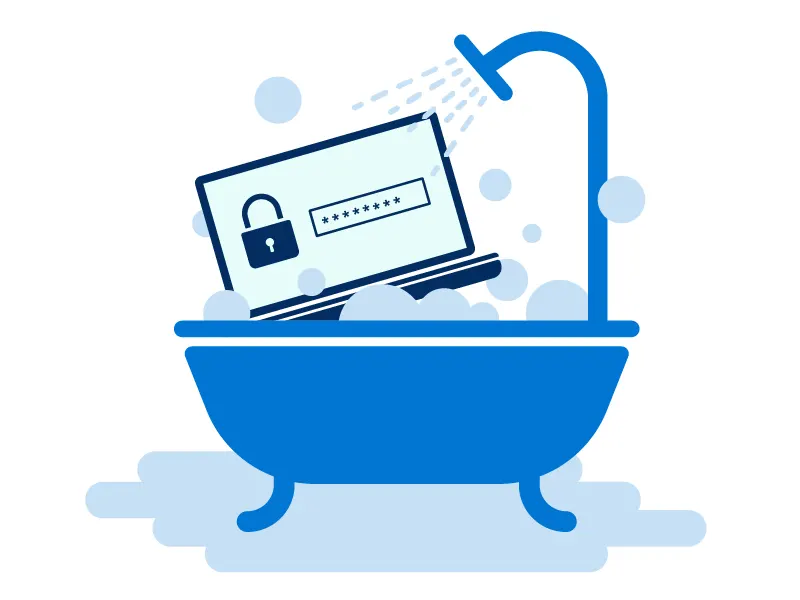 A laptop in a bubbly bathtub with water streaming out of the shower representing password hygiene.