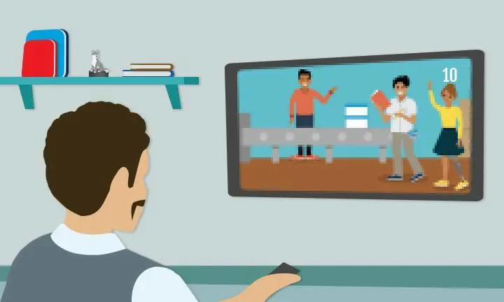 Graphic showing a person switching TV channels using a remote control.