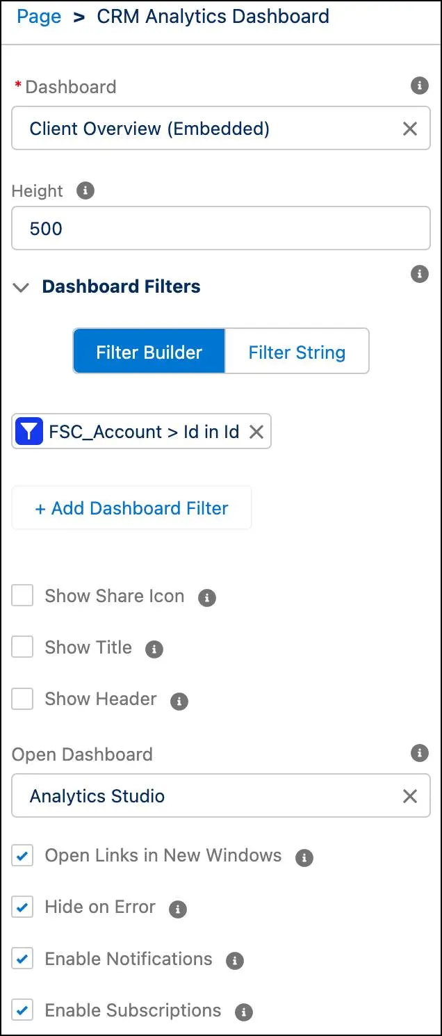 The properties pane showing settings for Client Overview (Embedded) dashboard