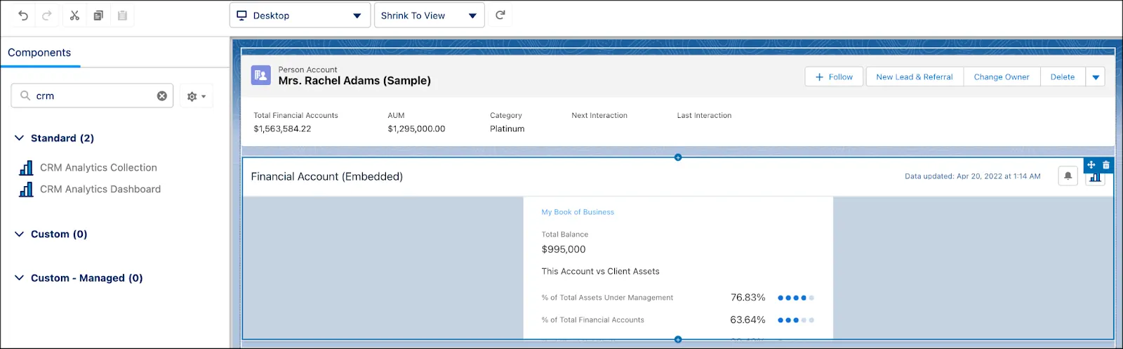  The Lightning App Builder with the CRM Analytics Dashboard added