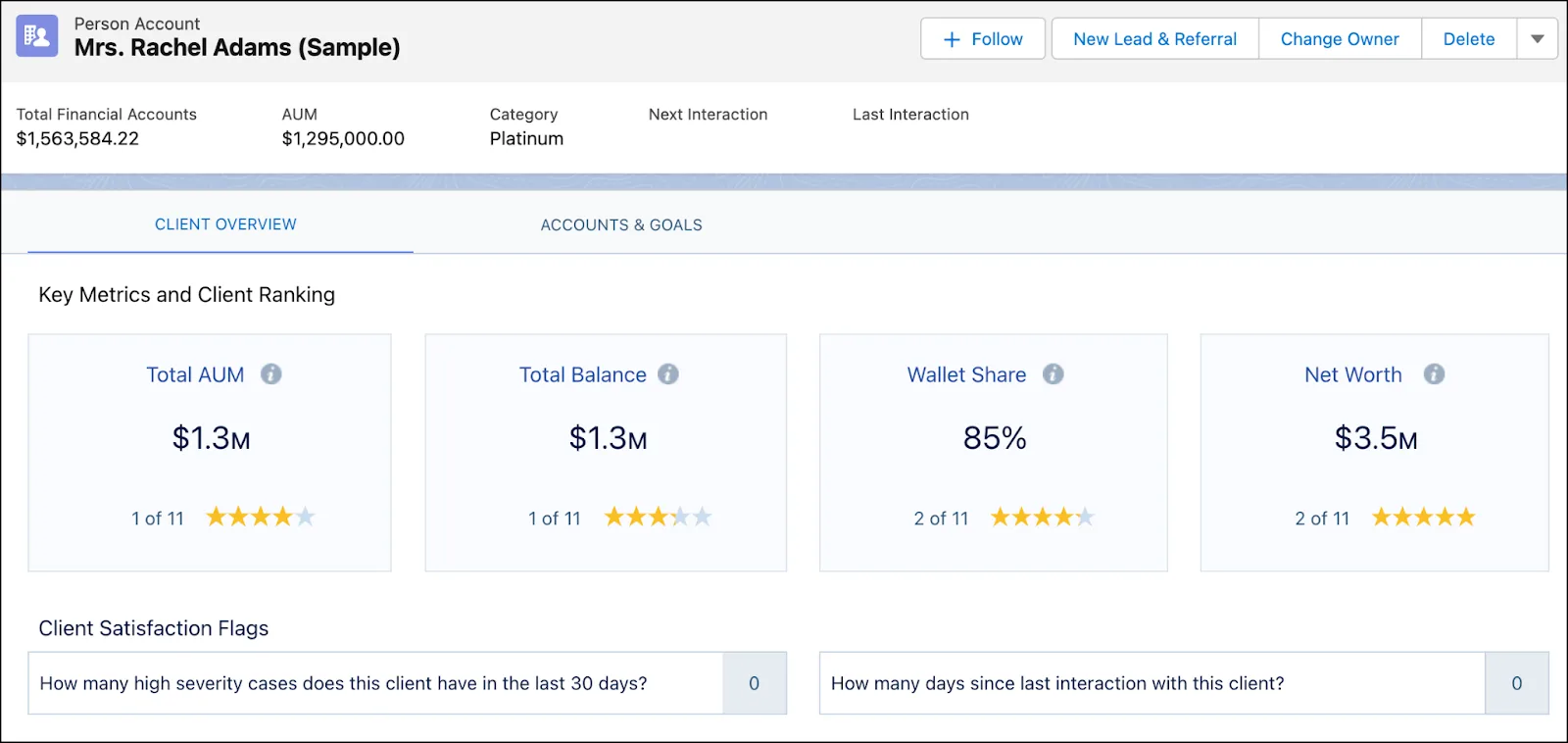 Rachel Adam’s account page showing the embedded Client Overview (Embedded) dashboard