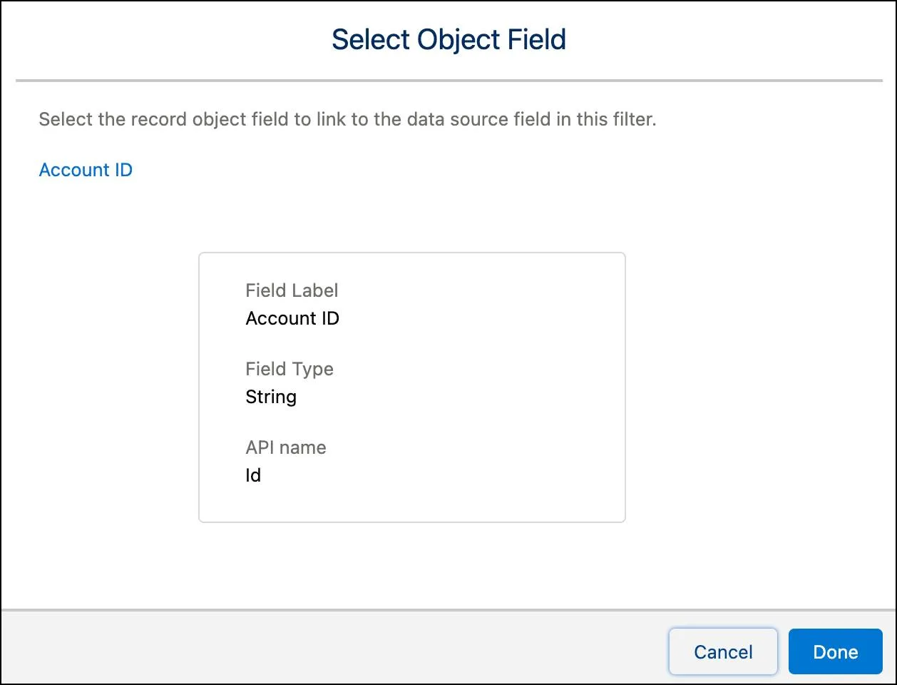 The Select Object Field window with the record object field, Account ID selected