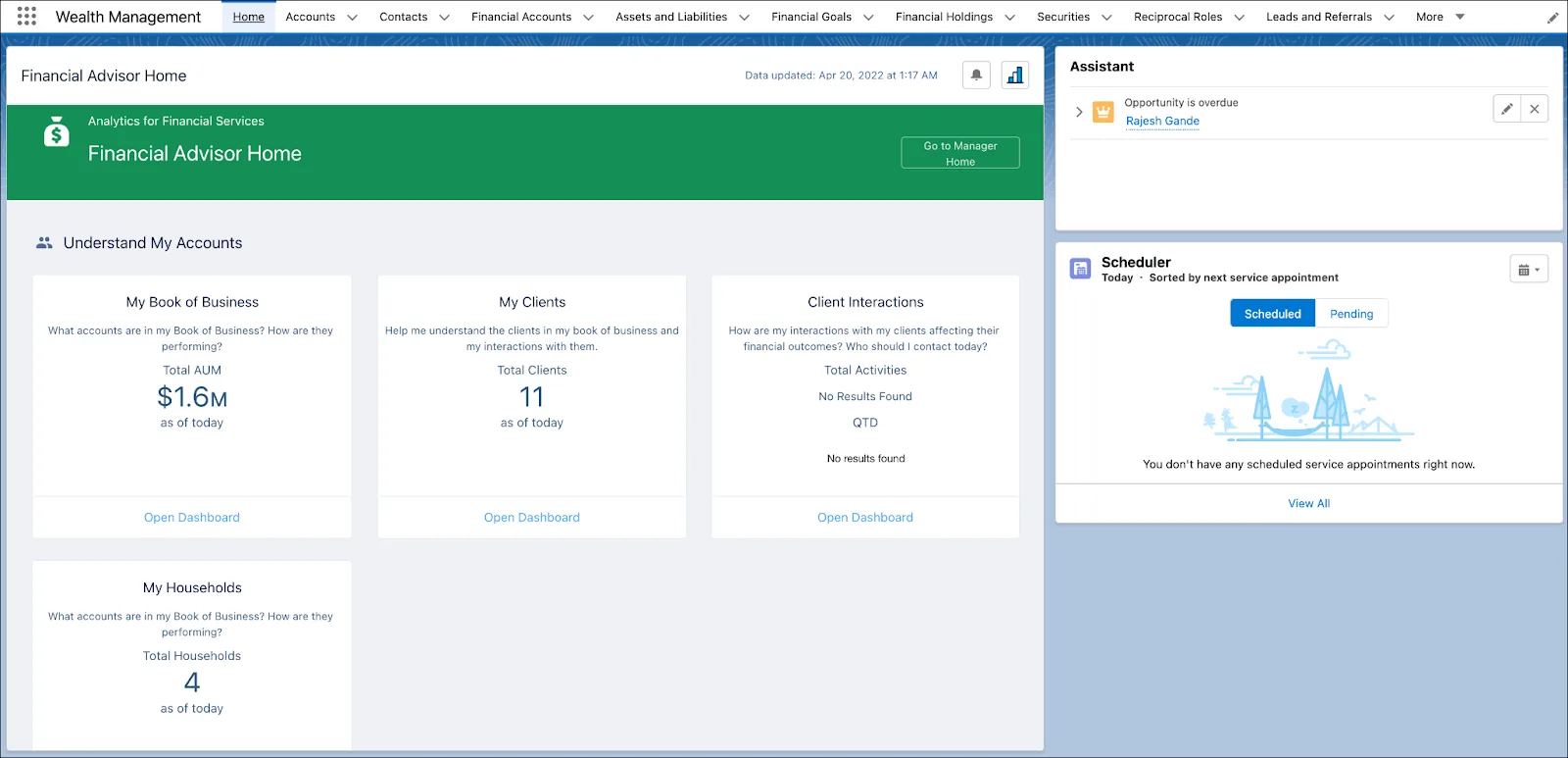 The Home page of the Wealth Management app with the Financial Advisor Home dashboard embedded