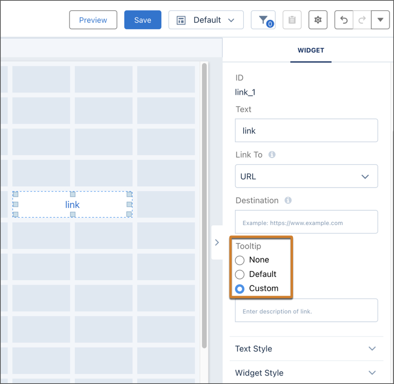 Tooltip settings showing options for None, Default, and Custom.
