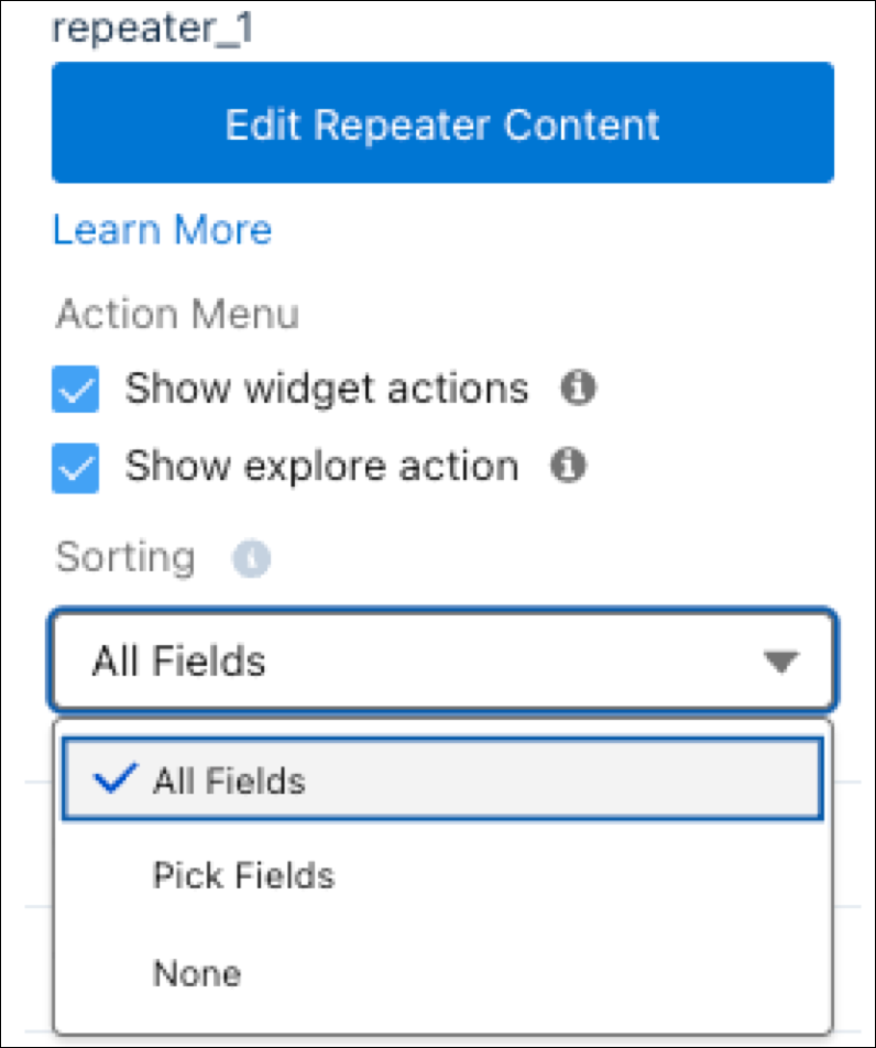 In the action menu, under storting, All Fields is selected from the dropdown.