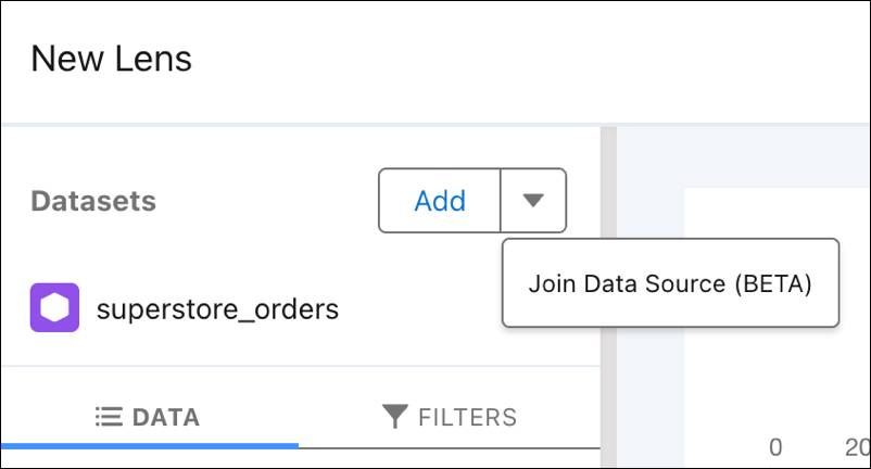 The Join Data Source (BETA) dropdown is selected from the Add button on the New Lens page.