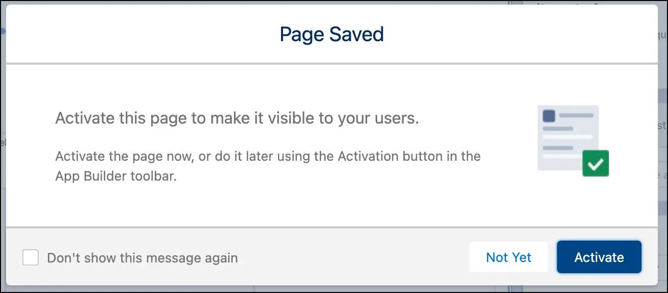 The Page Saved window showing the Activate button.