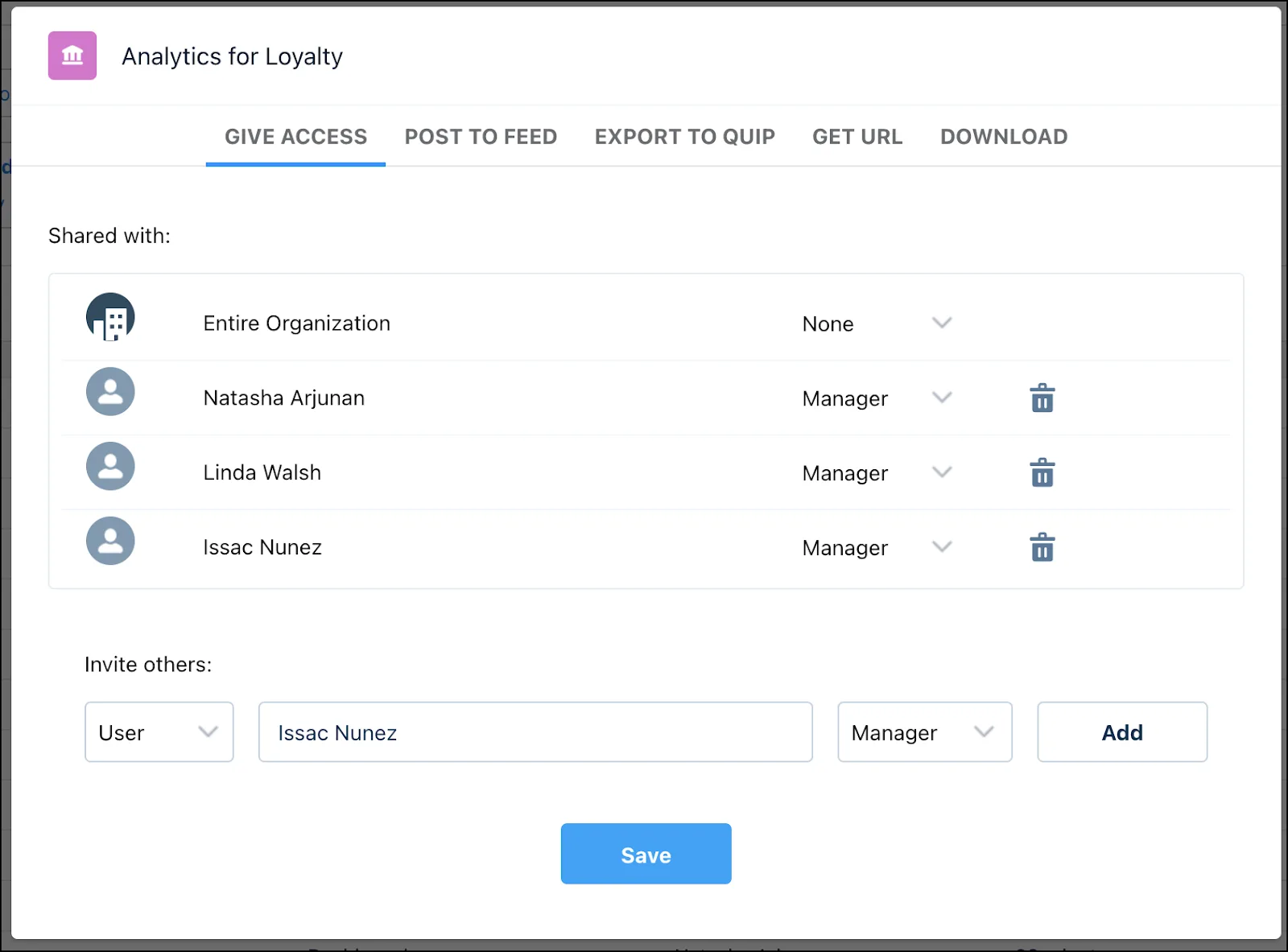 The Analytics for Loyalty window with all users added and assigned access.