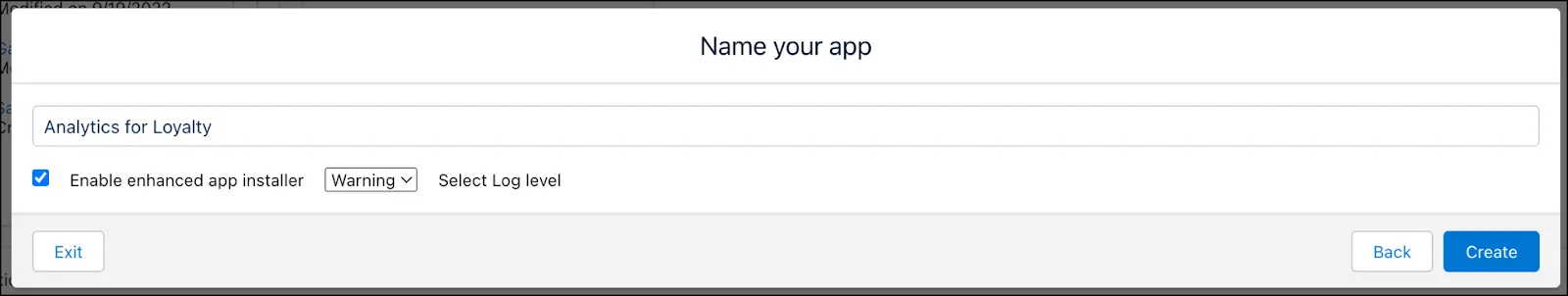 The Name your app window where you enter the app name.