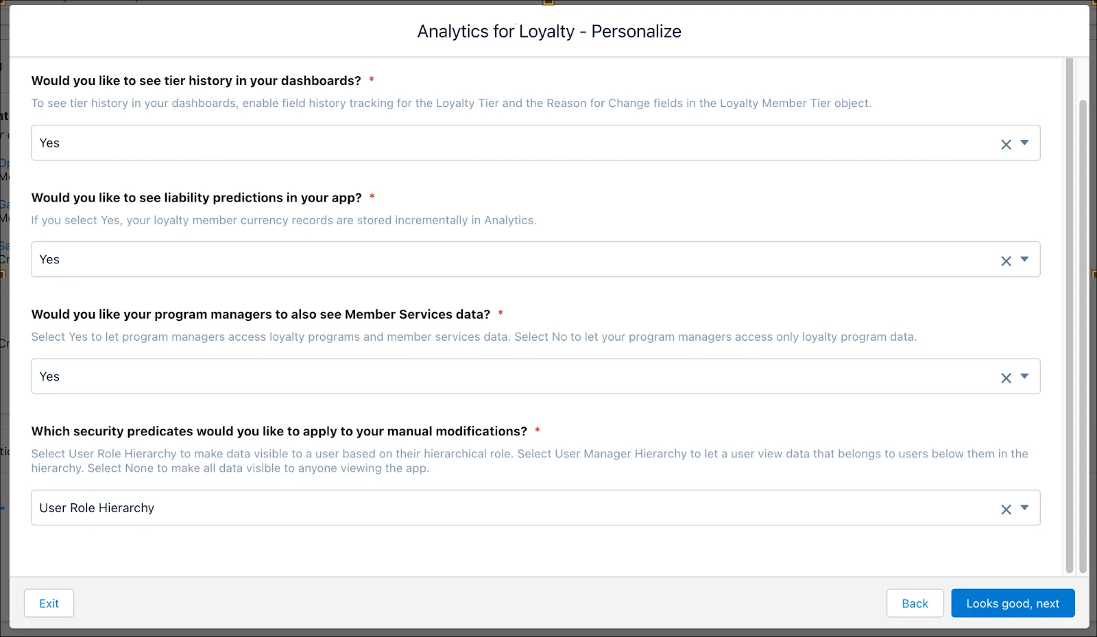 The Analytics for Loyalty – Personalize window where you make selections to personalize the app.