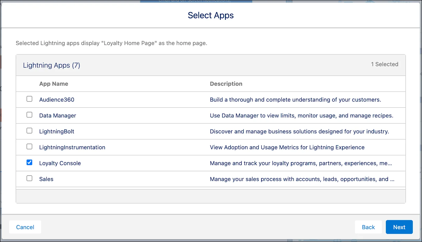 The Select Apps window where you select the app that displays the dashboard.