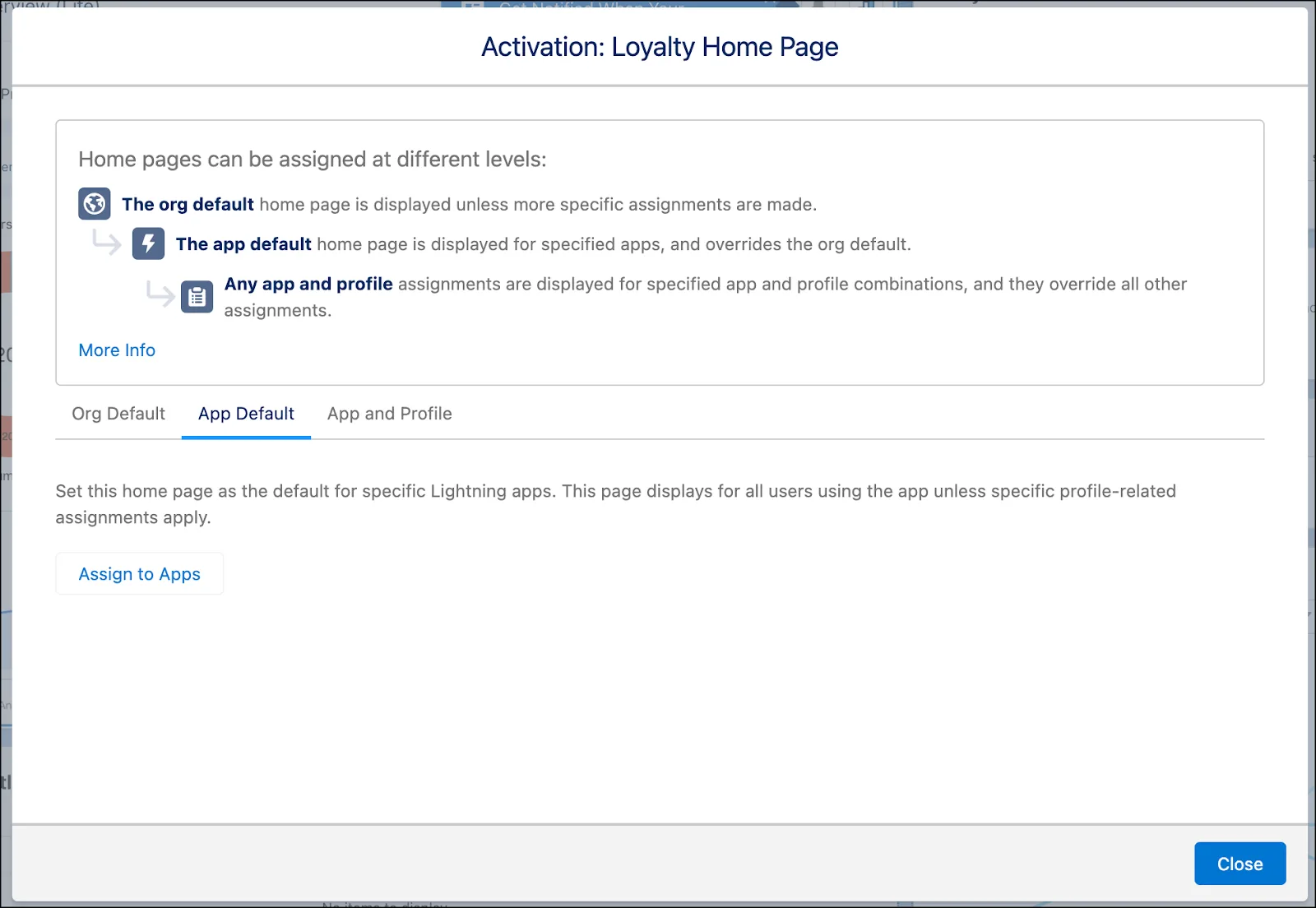 The Activation: Loyalty Home Page window showing the App Default tab.