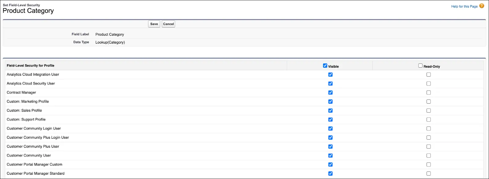 The Product Category field in Setup where you can enable field-level security.