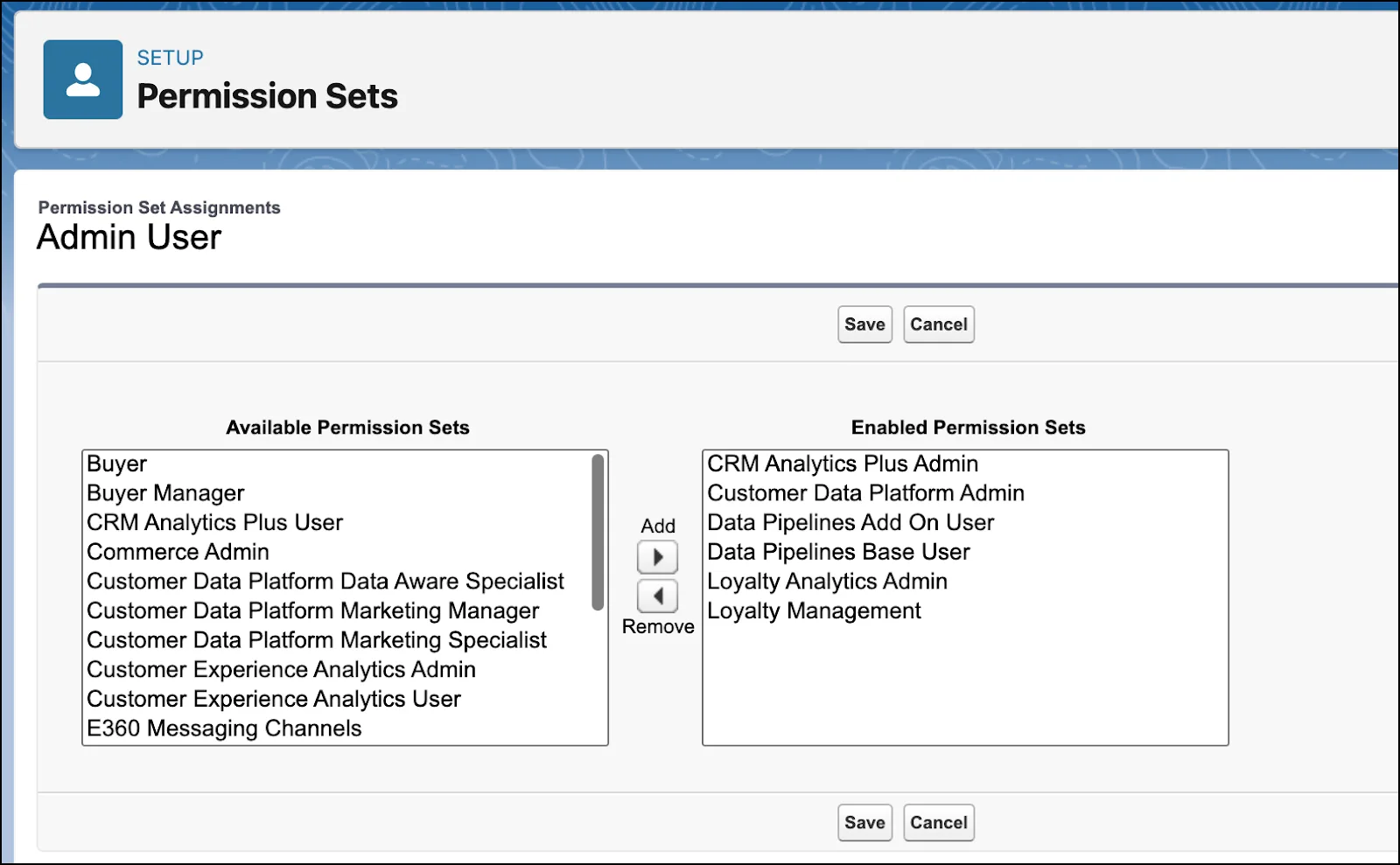 The Permission Sets window where you can enable the required permission sets.