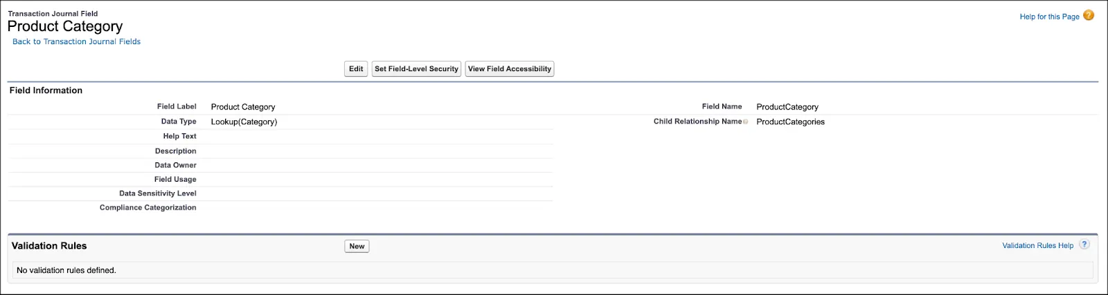 The Product Category field in the Transaction Journal object.