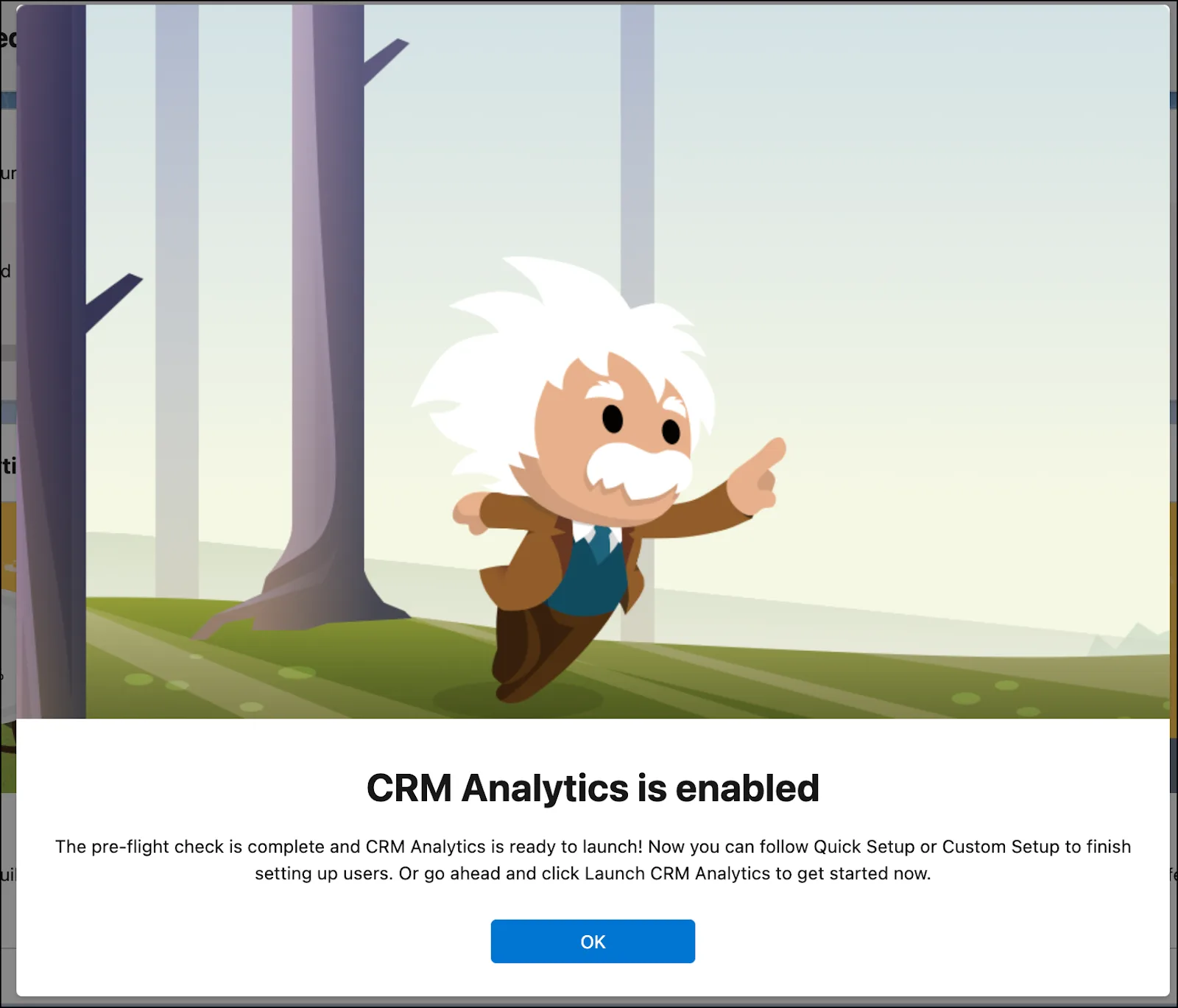 A confirmation message after enabling CRM Analytics in the org.