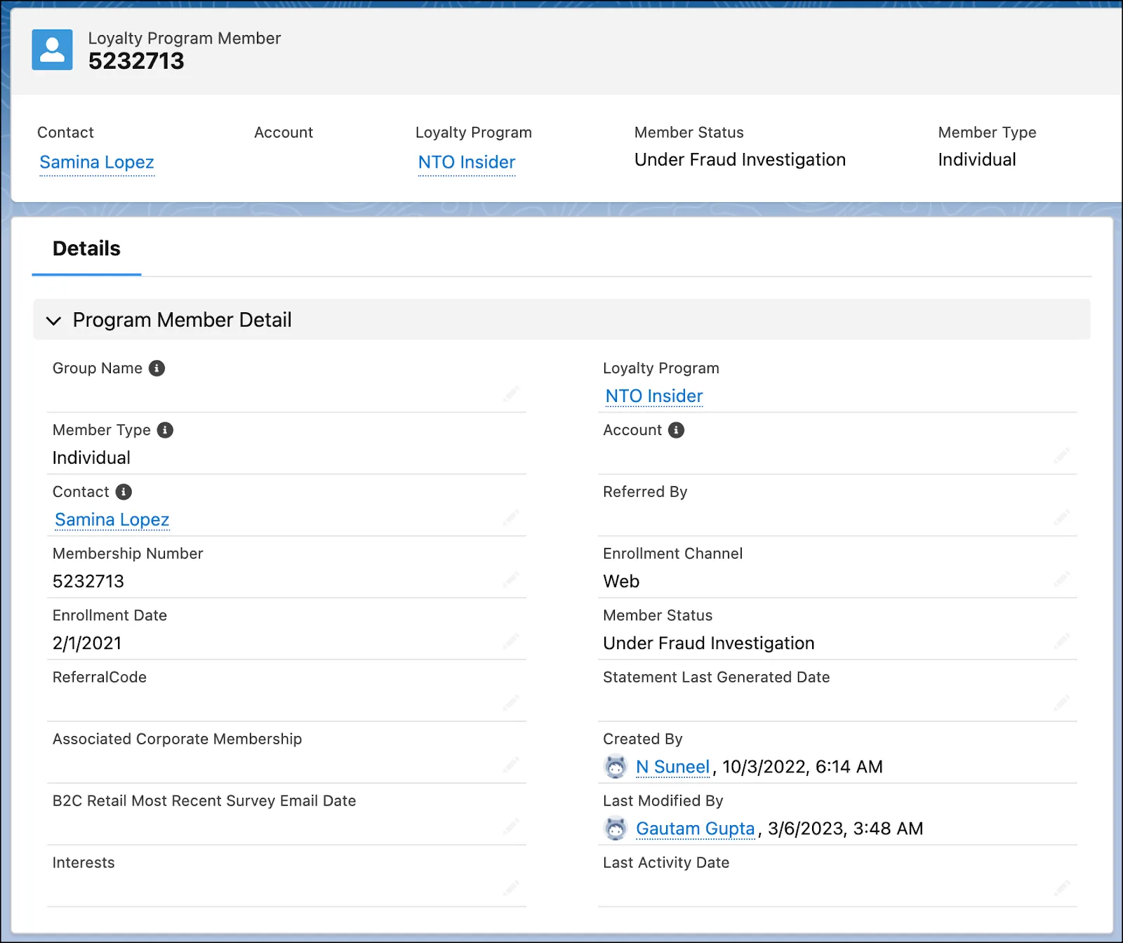 The member’s record page in Loyalty Management.