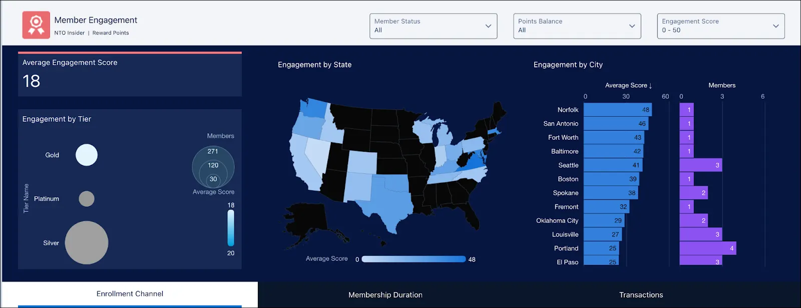 The Member Engagement dashboard with details of Gold-tier members.