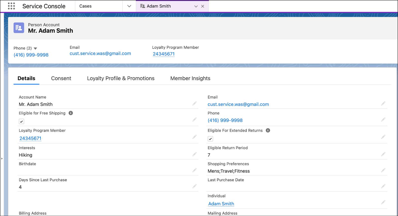 The Person Account record where you can view details of the member.