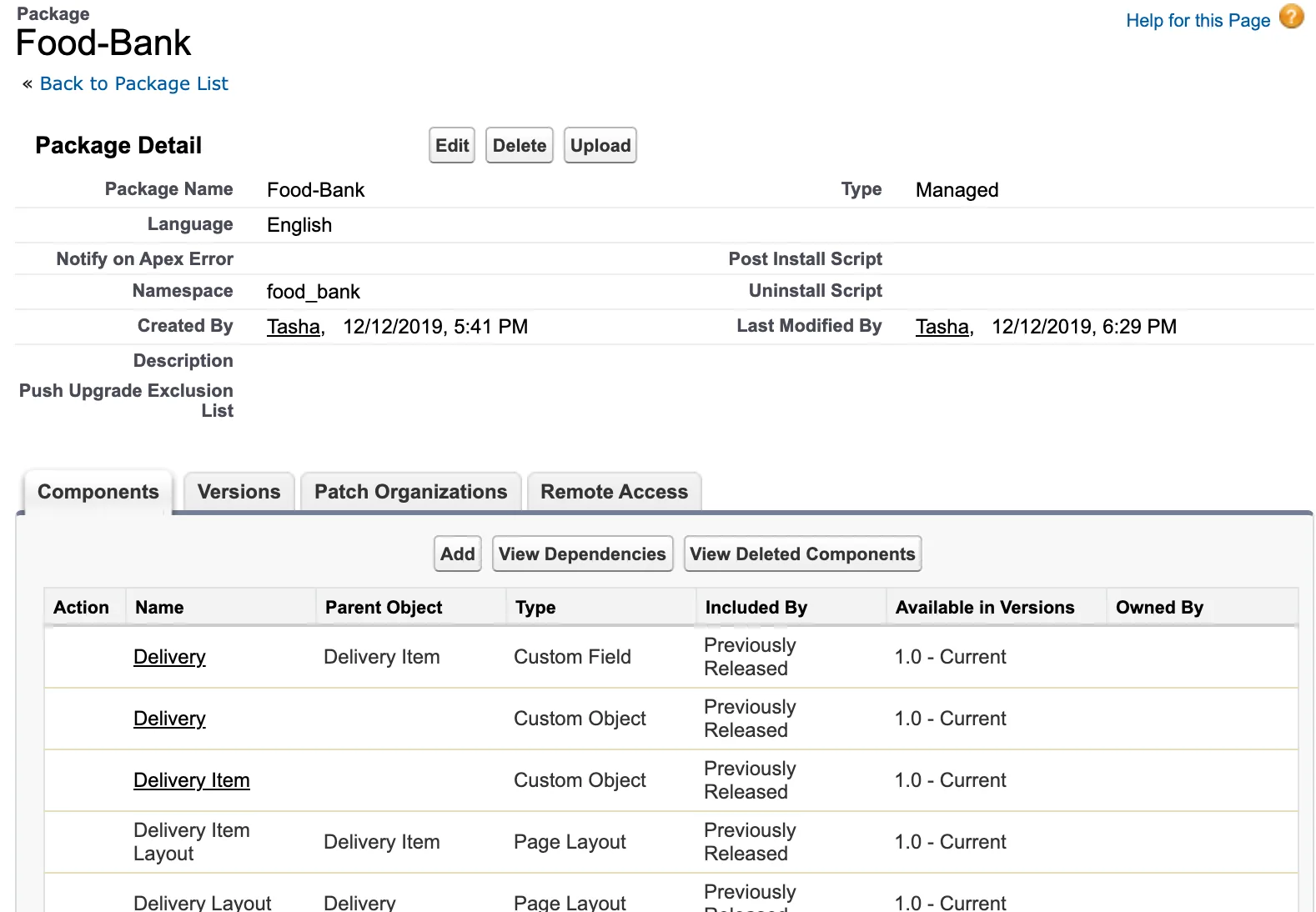 The new Food-Bank app in Salesforce including a list of all the custom components that are included in the application.