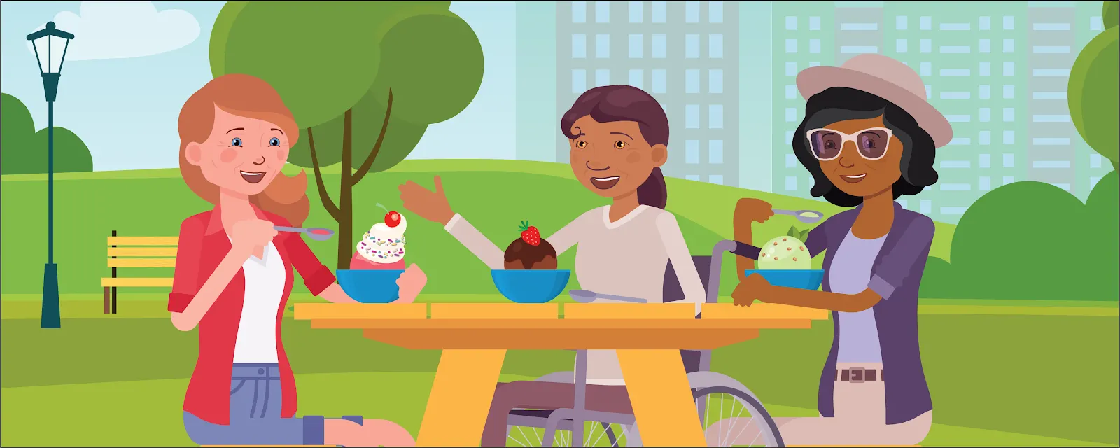 Tasha, Maddia, and Isabel sit at the picnic table enjoying eating ice cream.